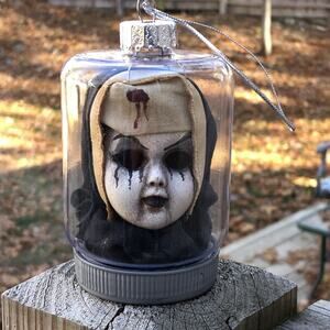 OOAK Creepy Odd Horror Nun Doll Head Scary Christmas Decor Tree Ornament